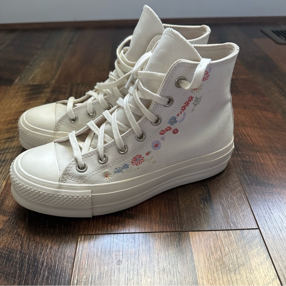 Converse High Top Sneakers Cream with Pink & Blue Floral Embroidery